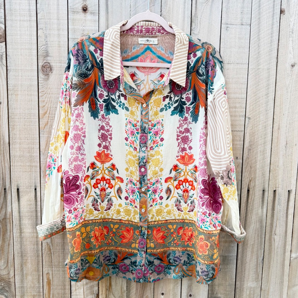 Natural Life Large Floral Mixed Print Button Down Shirt Boho Whimsigoth Retro